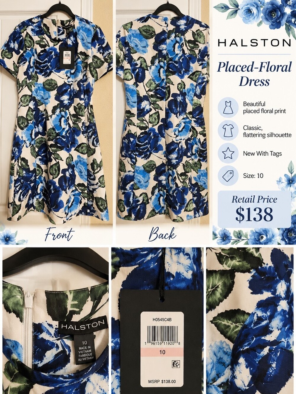 NWT Halston Heritage Cream Dress with Blue Floral Print